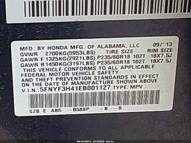 Продажа на аукционе авто 2014 Honda Pilot Ex, vin: 5FNYF3H41EB001127, номер лота: 45155570