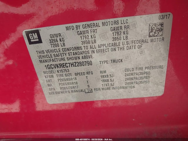 Продаж на аукціоні авто 2017 Chevrolet Silverado 1500 2lt, vin: 1GCVKREC7HZ280790, номер лоту: 45155574