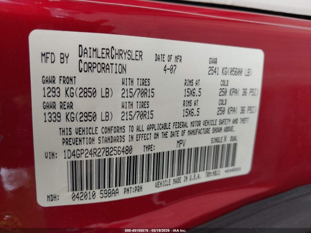 45155576 :رقم المزاد ، 1D4GP24R27B256480 vin ، 2007 Dodge Grand Caravan Se مزاد بيع