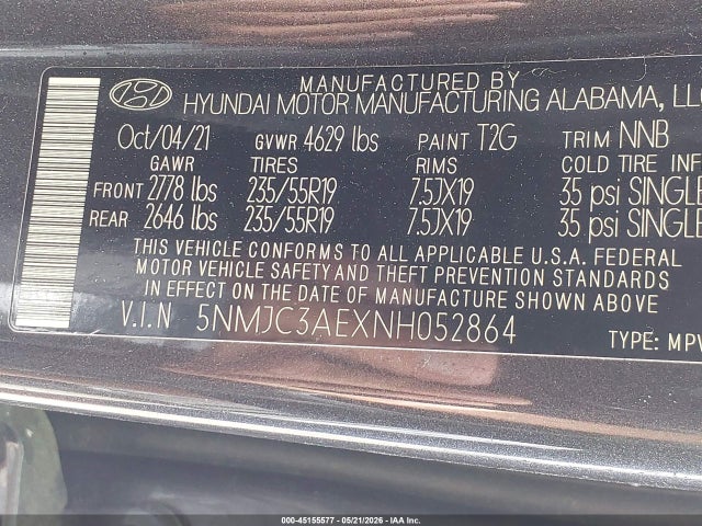 Aukcja sprzedaży 2022 Hyundai Tucson Sel, vin: 5NMJC3AEXNH052864, numer aukcji: 45155577