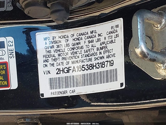 Aukcja sprzedaży 2008 Honda Civic Lx, vin: 2HGFA16538H318719, numer aukcji: 45155585