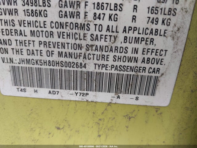 2017 Honda Fit Ex-l მანქანა იყიდება აუქციონზე, vin: JHMGK5H80HS002684, აუქციონის ნომერი: 45155596