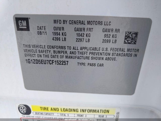 Aukcja sprzedaży 2012 Chevrolet Malibu 2lt, vin: 1G1ZD5EU7CF152257, numer aukcji: 45155597