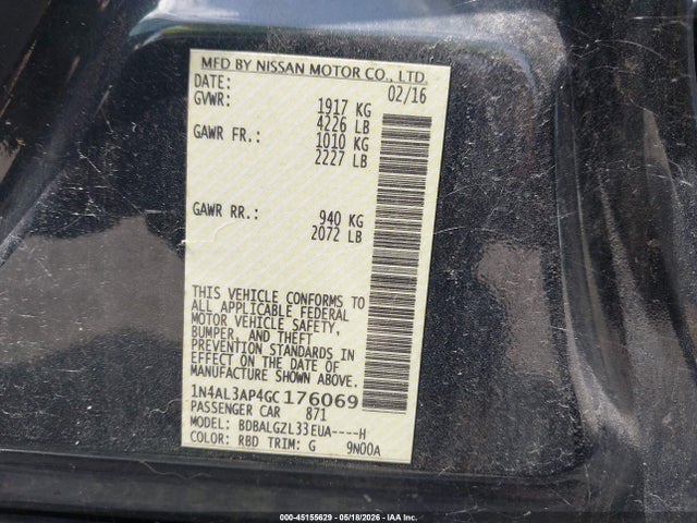 Aukcja sprzedaży 2016 Nissan Altima 2.5 S, vin: 1N4AL3AP4GC176069, numer aukcji: 45155629