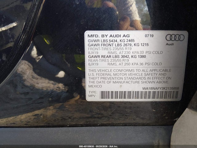 45155630 :رقم المزاد ، WA1BNAFY3K2135858 vin ، 2019 Audi Q5 45 Premium مزاد بيع