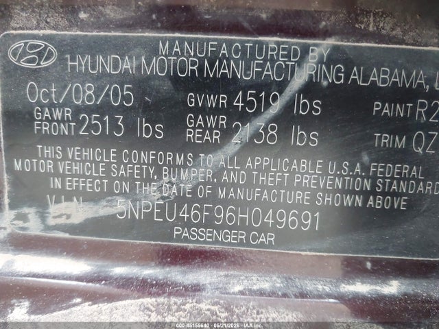 Продажа на аукционе авто 2006 Hyundai Sonata Gls V6/lx V6, vin: 5NPEU46F96H049691, номер лота: 45155640