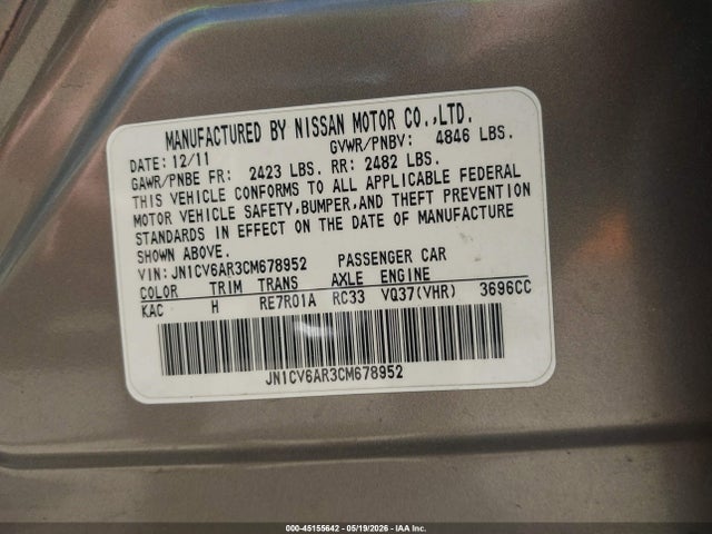 Продажа на аукционе авто 2012 Infiniti G37x, vin: JN1CV6AR3CM678952, номер лота: 45155642