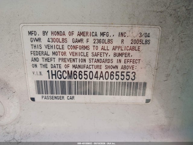 Продажа на аукционе авто 2004 Honda Accord 3.0 Ex, vin: 1HGCM66504A065553, номер лота: 45155652