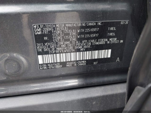 Продаж на аукціоні авто 2020 Toyota Rav4 Xle, vin: 2T3P1RFV1LW105794, номер лоту: 45155656