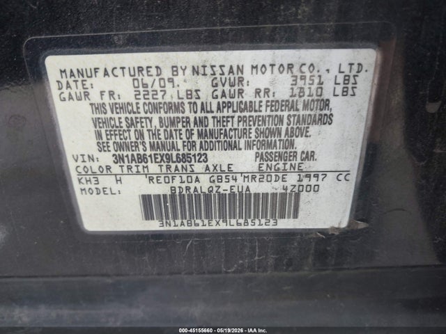 2009 Nissan Sentra 2.0 მანქანა იყიდება აუქციონზე, vin: 3N1AB61EX9L685123, აუქციონის ნომერი: 45155660