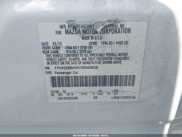 45155669 :رقم المزاد ، 1YVHZ8BH0C5M40828 vin ، 2012 Mazda Mazda6 I Sport مزاد بيع