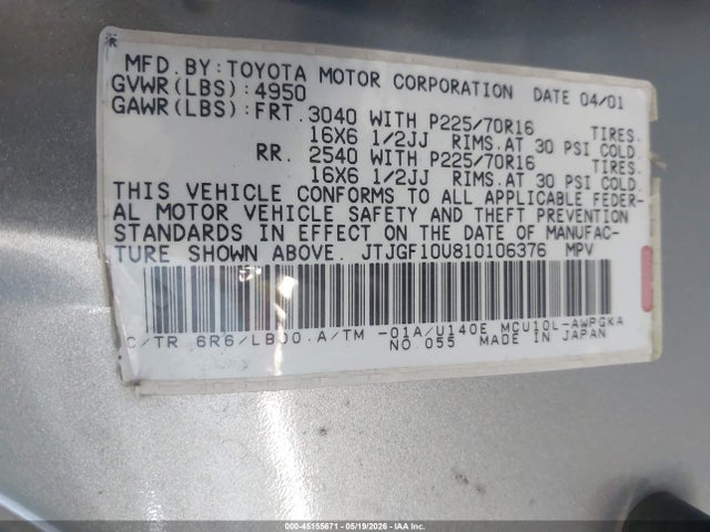 Aukcja sprzedaży 2001 Lexus Rx 300, vin: JTJGF10U810106376, numer aukcji: 45155671