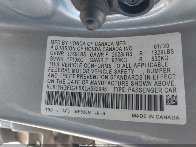 Aukcja sprzedaży 2020 Honda Civic Lx, vin: 2HGFC2F6XLH532995, numer aukcji: 45155677