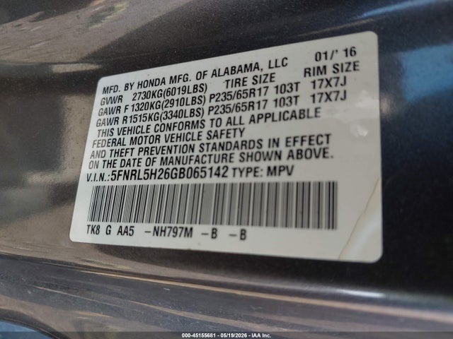 Aukcja sprzedaży 2016 Honda Odyssey Lx, vin: 5FNRL5H26GB065142, numer aukcji: 45155681