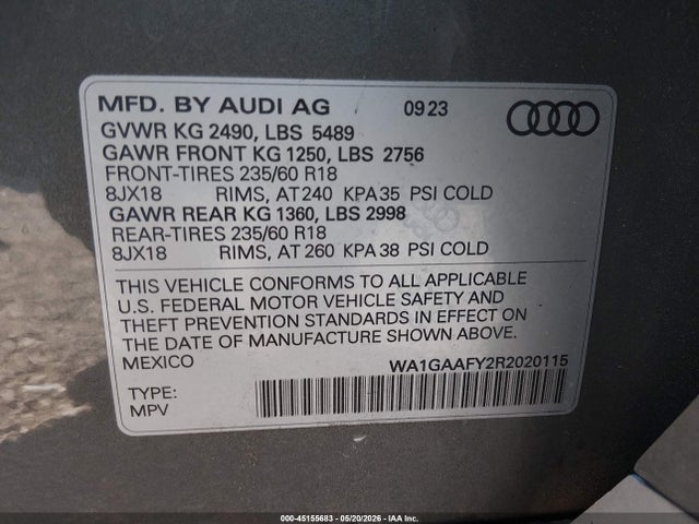 Продаж на аукціоні авто 2024 Audi Q5 Premium 45 Tfsi S Line Quattro, vin: WA1GAAFY2R2020115, номер лоту: 45155683