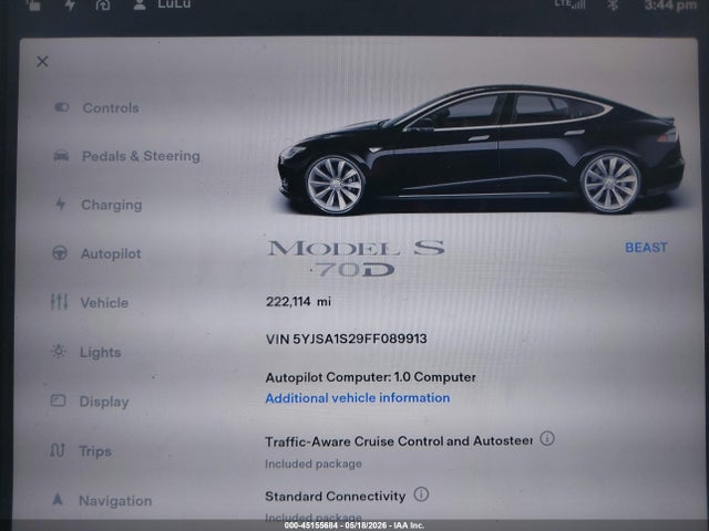 2015 Tesla Model S 70d/85d/p85d მანქანა იყიდება აუქციონზე, vin: 5YJSA1S29FF089913, აუქციონის ნომერი: 45155684