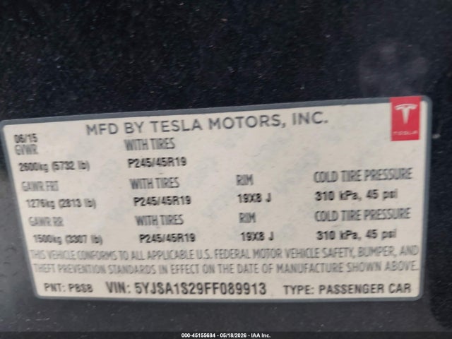 2015 Tesla Model S 70d/85d/p85d მანქანა იყიდება აუქციონზე, vin: 5YJSA1S29FF089913, აუქციონის ნომერი: 45155684