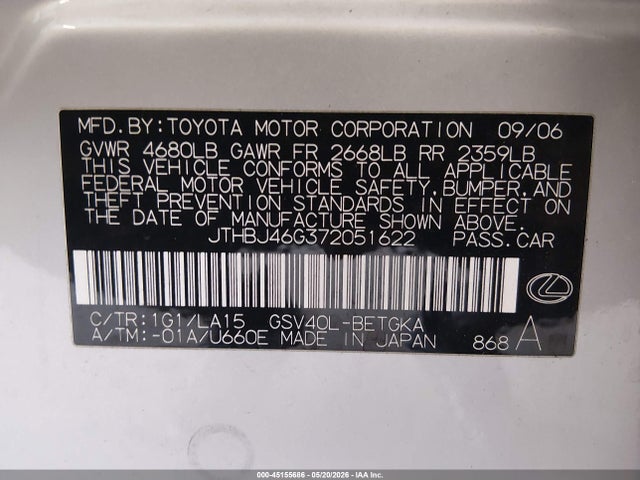 Продажа на аукционе авто 2007 Lexus Es 350, vin: JTHBJ46G372051622, номер лота: 45155686
