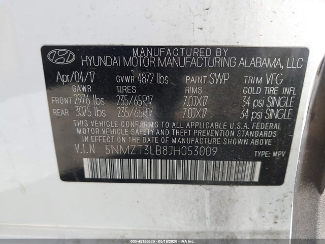 Aukcja sprzedaży 2018 Hyundai Santa Fe Sport 2.4l, vin: 5NMZT3LB8JH053009, numer aukcji: 45155689