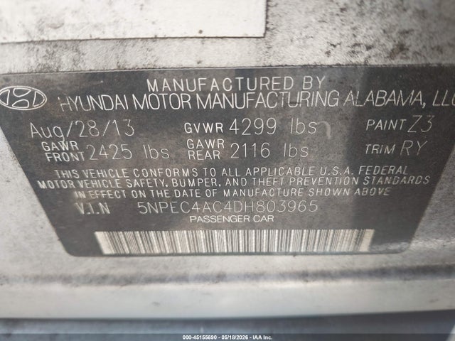 45155690 :رقم المزاد ، 5NPEC4AC4DH803965 vin ، 2013 Hyundai Sonata Se مزاد بيع