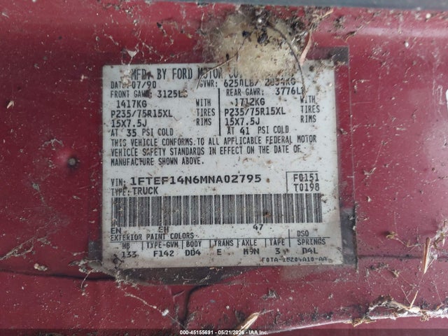 Продажа на аукционе авто 1991 Ford F150, vin: 1FTEF14N6MNA02795, номер лота: 45155691