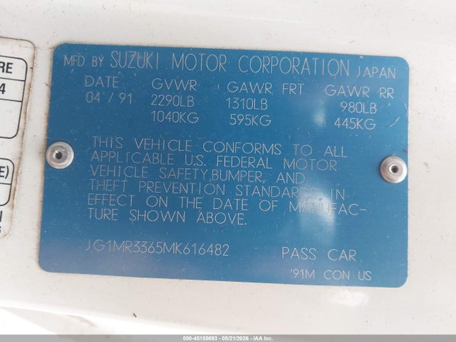 45155693 :رقم المزاد ، JG1MR3365MK616482 vin ، 1991 Geo Metro Lsi Sprint Cl مزاد بيع