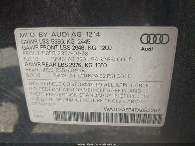 2015 Audi Q5 2.0t Premium მანქანა იყიდება აუქციონზე, vin: WA1CFAFP4FA082267, აუქციონის ნომერი: 45155694