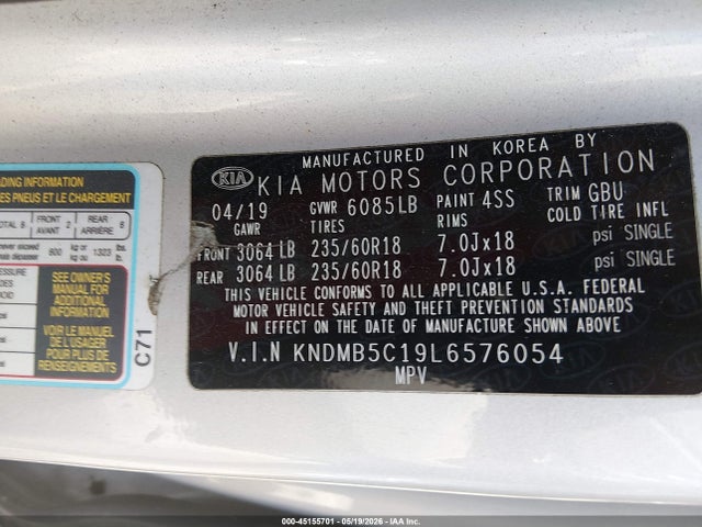 45155701 :رقم المزاد ، KNDMB5C19L6576054 vin ، 2020 Kia Sedona Ex مزاد بيع
