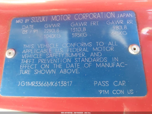 Продаж на аукціоні авто 1991 Geo Metro Lsi Sprint Cl, vin: JG1MR3366MK613817, номер лоту: 45155708