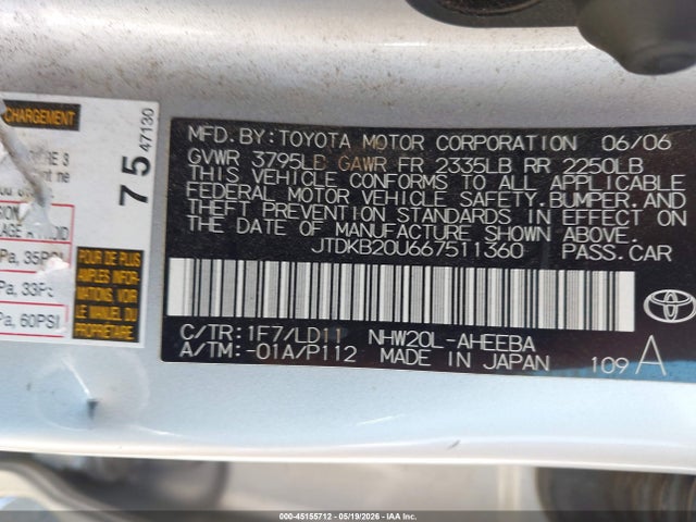 Aukcja sprzedaży 2006 Toyota Prius, vin: JTDKB20U667511360, numer aukcji: 45155712