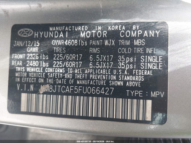 2015 Hyundai Tucson Gls მანქანა იყიდება აუქციონზე, vin: KM8JTCAF5FU066427, აუქციონის ნომერი: 45155720