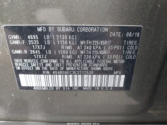 Aukcja sprzedaży 2019 Subaru Outback 2.5i Premium, vin: 4S4BSAFC3K3212530, numer aukcji: 45155721