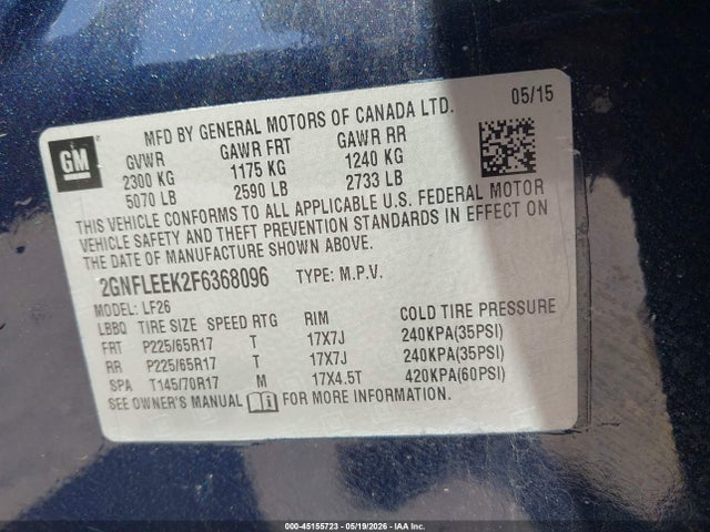 Продажа на аукционе авто 2015 Chevrolet Equinox Ls, vin: 2GNFLEEK2F6368096, номер лота: 45155723