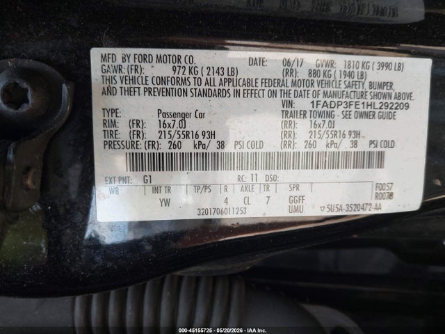 45155725 :رقم المزاد ، 1FADP3FE1HL292209 vin ، 2017 Ford Focus Se مزاد بيع