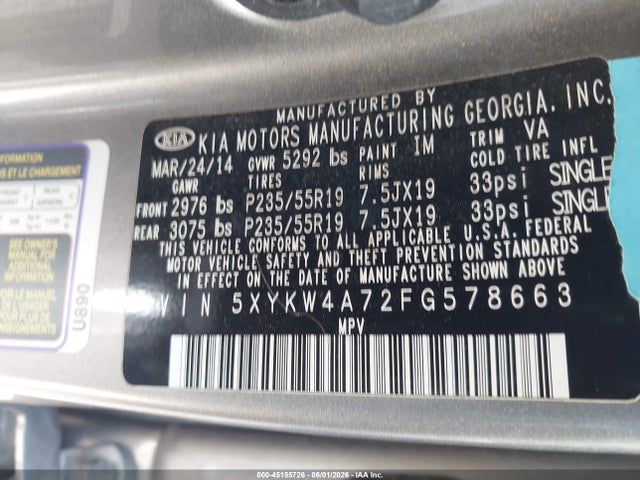 Aukcja sprzedaży 2015 Kia Sorento Sx V6, vin: 5XYKW4A72FG578663, numer aukcji: 45155726