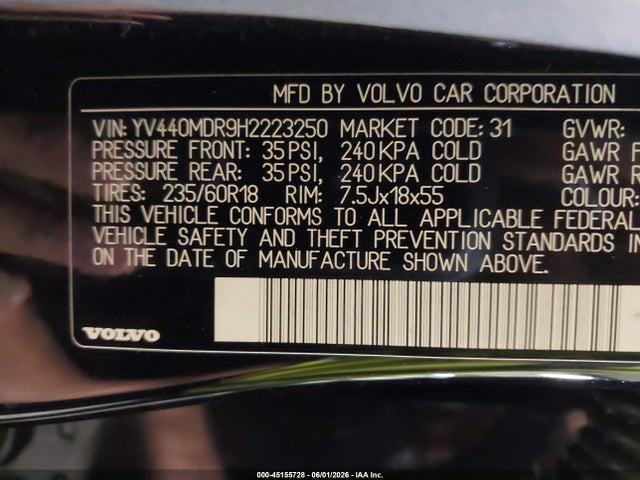Aukcja sprzedaży 2017 Volvo Xc60 T5 Dynamic, vin: YV440MDR9H2223250, numer aukcji: 45155728