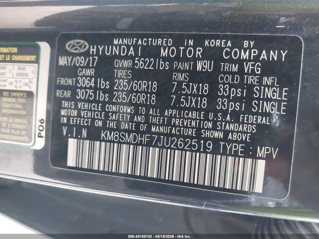 2018 Hyundai Santa Fe Se მანქანა იყიდება აუქციონზე, vin: KM8SMDHF7JU262519, აუქციონის ნომერი: 45155742