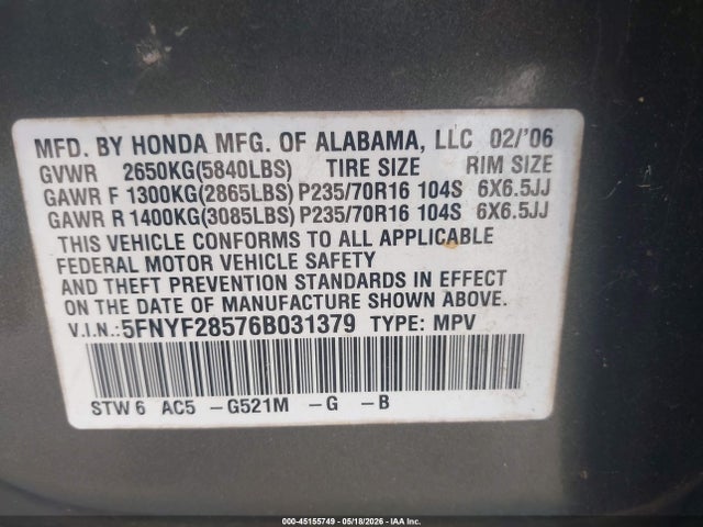 Aukcja sprzedaży 2006 Honda Pilot Ex-l, vin: 5FNYF28576B031379, numer aukcji: 45155749
