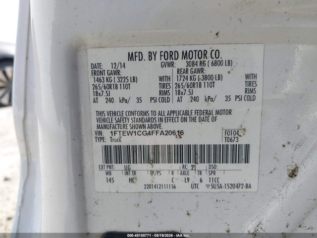 Продажа на аукционе авто 2015 Ford F-150 Lariat, vin: 1FTEW1CG4FFA20616, номер лота: 45155771