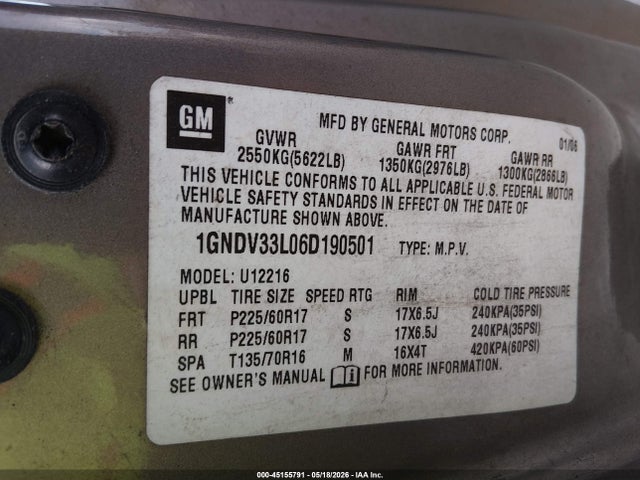 2006 Chevrolet Uplander Lt მანქანა იყიდება აუქციონზე, vin: 1GNDV33L06D190501, აუქციონის ნომერი: 45155791