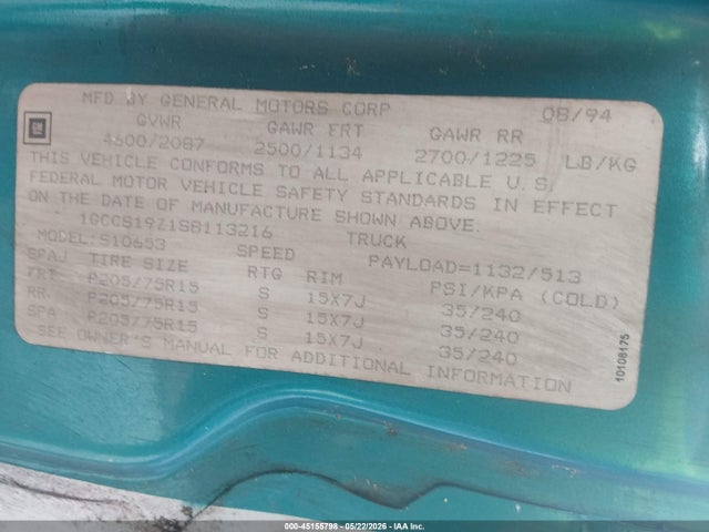 Aukcja sprzedaży 1995 Chevrolet S Truck S10, vin: 1GCCS19Z1S8113216, numer aukcji: 45155798