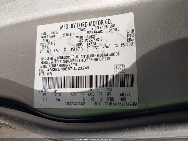 Продаж на аукціоні авто 2007 Mercury Mountaineer Premier, vin: 4M2EU48E67UJ23249, номер лоту: 45155803