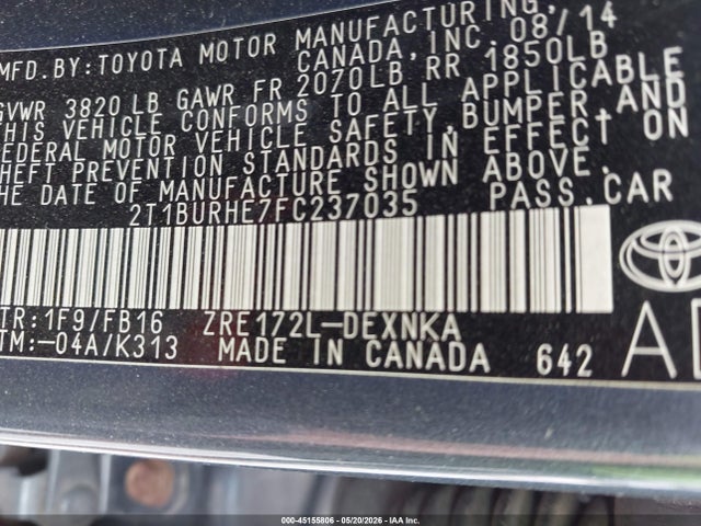 Aukcja sprzedaży 2015 Toyota Corolla Le, vin: 2T1BURHE7FC237035, numer aukcji: 45155806