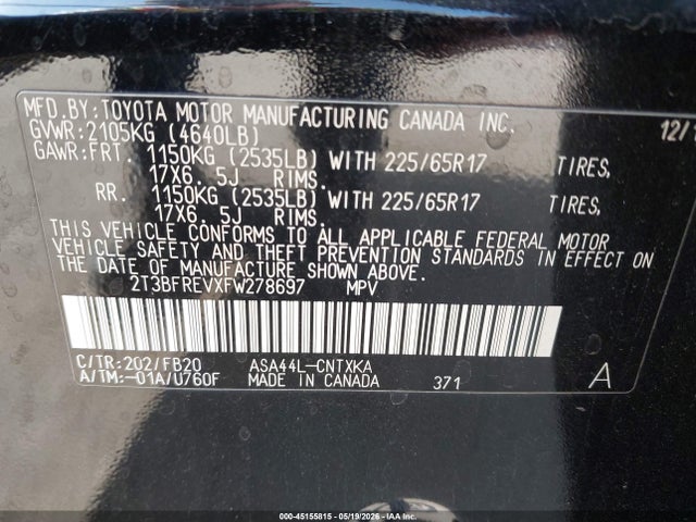Продаж на аукціоні авто 2015 Toyota Rav4 Le, vin: 2T3BFREVXFW278697, номер лоту: 45155815