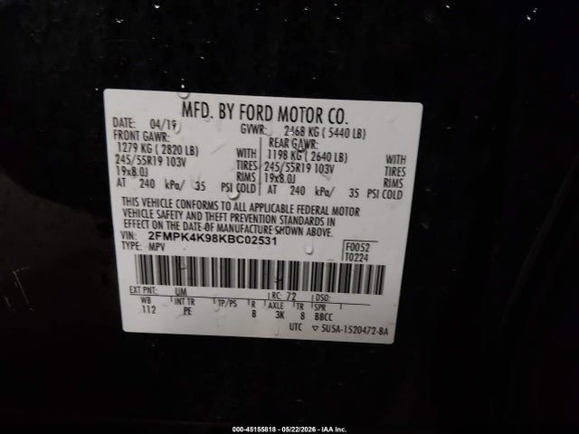 Продажа на аукционе авто 2019 Ford Edge Titanium, vin: 2FMPK4K98KBC02531, номер лота: 45155818