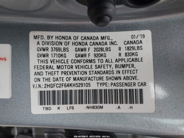 Honda Civic Lx 2019 2HGFC2F64KH529105 Image 9