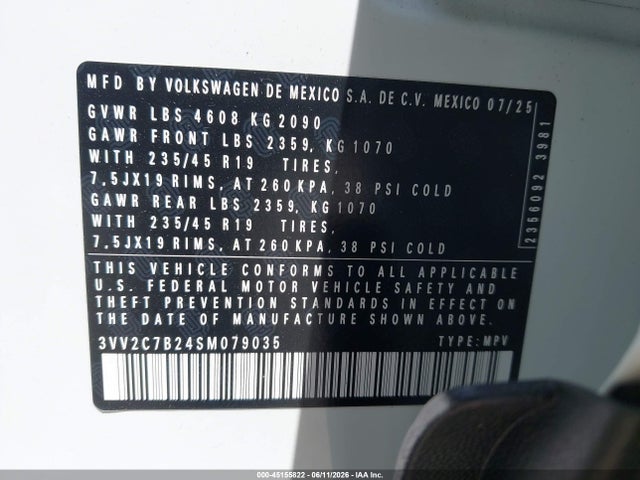 Продаж на аукціоні авто 2025 Volkswagen Taos 1.5t Se Black, vin: 3VV2C7B24SM079035, номер лоту: 45155822