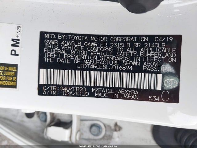 45155826 :رقم المزاد ، JTDT4RCE8LJ016894 vin ، 2020 Toyota Corolla Xse مزاد بيع
