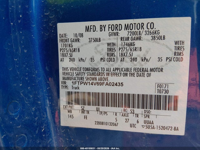 Aukcja sprzedaży 2009 Ford F-150 Fx4/king Ranch/lariat/platinum/xl/xlt, vin: 1FTPW14V69FA02435, numer aukcji: 45155831