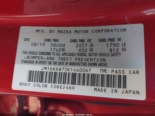 45155832 :رقم المزاد ، JM1DKDB73K1460067 vin ، 2019 Mazda Cx-3 Sport مزاد بيع